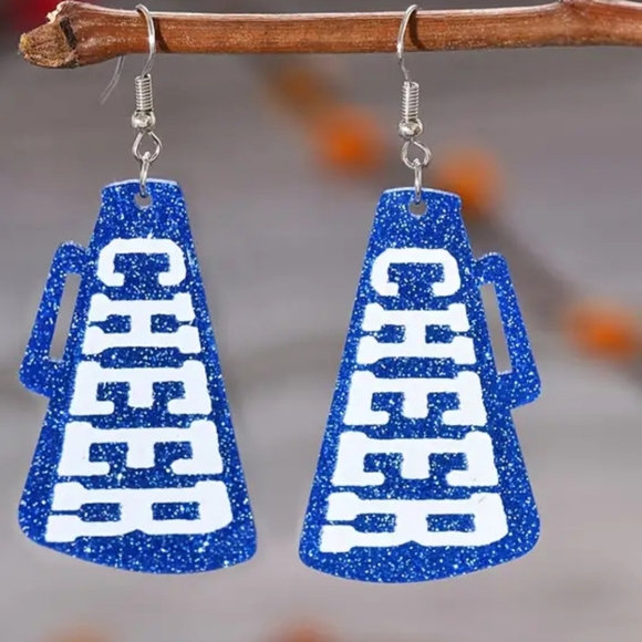 Cheer Megaphone Sports Blue & White 2" Earrings - Picture 1 of 1